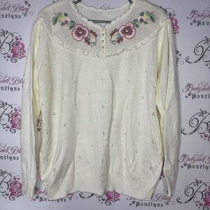 Grandmacore sweater pearls embroidered floral flowers white cream pink gorgeous